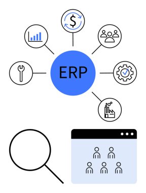 Merkezi ERP merkezi finans, analitik, insan kaynakları, araçlar, üretim ve ikonları birbirine bağlar. Büyüteç ve kullanıcı arayüzü içgörüyü sembolize eder. İşlemler, yönetim ve iş akışı için ideal