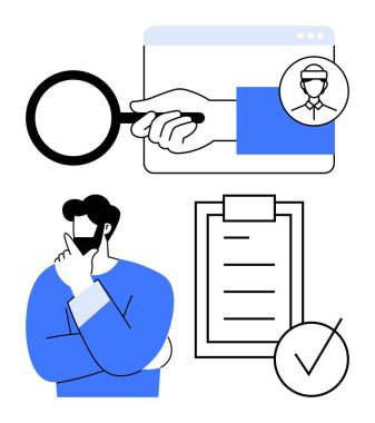 Kullanıcı profili üzerinde büyüteç, işaretli kontrol listesi, düşünceli kişi. İşe alma, HR, arama, analitik, karar verme, değerlendirme görevi tamamlama, soyut satır düz metaforu için ideal