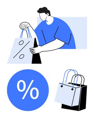 Elinde indirim sembollü alışveriş torbaları, büyük bir yüzde işareti ve ek torba temsilcisi olan bir adam. Satışlar, indirimler, promosyonlar, alışveriş, tüketiciler için perakende ticaret için idealdir. Kavramsal