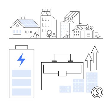 Şehirdeki güneş enerjili binalar, şarj olan bir pil, çanta ve madeni paralar finansal büyüme ve sürdürülebilirliği gösteriyor. Yenilenebilir enerji, iş, finans ve sürdürülebilirlik için ideal