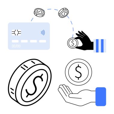 Temassız el hareketleriyle madeni paralara aktarılan ya da para alınan paralar. Finans, e-cüzdanlar, işlemler, yatırımlar, iş, fintech, soyut düz metafor için ideal