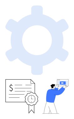 İş adamı elinde bir çizelge tutuyor. Çalma düğmesi simgesi, kurdeleli sertifika ve büyük vites sembolü var. Ticari büyüme, başarı, eğitim, planlama, üretkenlik, strateji başarısı için ideal