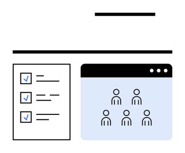 Checklist with completed tasks alongside a window displaying grouped individuals representing collaboration. Ideal for productivity, teamwork, organization, task tracking, project management clipart