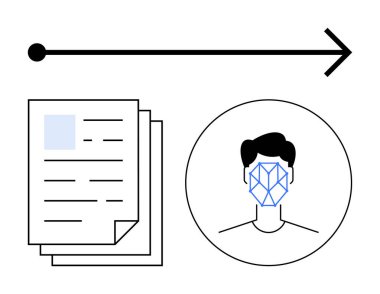 Belgeler, yüz tanıma desenli baş silueti ve veri akışını gösteren ok. Güvenlik, yapay zeka, kimlik, kimlik doğrulama, biyometrik teknoloji soyut çizgi düz metaforu için idealdir.