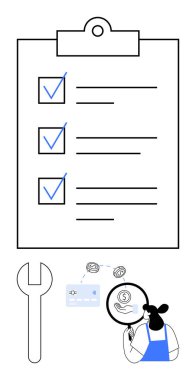 İş kadını, bir kontrol listesi ve anahtar simgesi yakınlarındaki büyüteç altında mali verileri inceliyor. Verimlilik, verimlilik, mali analiz, planlama, strateji, onarım, ticaret için ideal