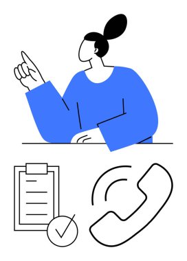 Kendine güvenen bir kadın, işaretli bir pano ve iletişim, görev ve karar verme öneren bir telefon ikonu. Takım çalışması, üretkenlik, müşteri hizmetleri, çoklu görev için ideal