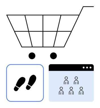Alışveriş arabası, grup simgeleriyle dijital kullanıcı arayüzü ve e-ticareti, müşteri trafiğini, kullanıcı aktivitelerini temsil eden ayak izleri. Perakende, satış, analiz, UX pazarlama için ideal