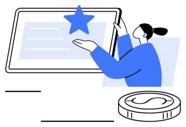 Tablet üzerinden yıldızlara uzanan kadın figürü para sembolü ile tanınmayı, başarıyı, ödülleri veya başarıları ima ediyor. İş, büyüme, finans, takım çalışması hedefleri için ideal soyut çizgi