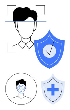 Yüz tarama ızgaralı kafa, veri güvenliği işaretli kalkan ve tıbbi kalkan. Kimlik doğrulama, siber güvenlik, sağlık teknisyeni, yapay zeka, gizlilik kavramları biyometri için idealdir. Asgari özet