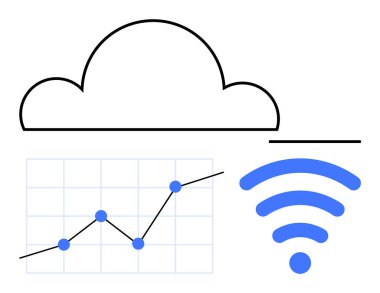 Bulut çizgisi, yukarı doğru yörünge grafiği ve kablosuz sinyal dijital büyüme, analitik ve bağlantının birleşimini oluşturur. Bulut hesaplama, IoT, ağ oluşturma, veri görselleştirme web hizmetleri için ideal