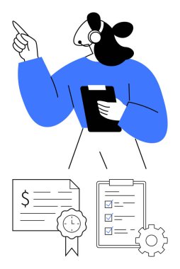 Kulaklık takan, pano tutan, kurdele, kontrol listesi ve teçhizatla yukarıya bakan biri. Müşteri hizmetleri, teknik destek, belgeler, kalite güvencesi eğitimi için ideal