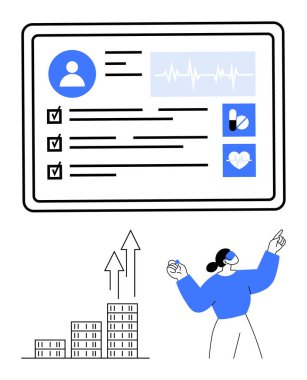 Kullanıcı profili, kalp atış hızı ve ilaç ikonları olan tıbbi gösterge paneli. Yükselen oklar ve el kol hareketleri olan bir iş grafiği. Sağlık teknolojisi, veri analizleri, büyüme, tıp, yenilik için ideal