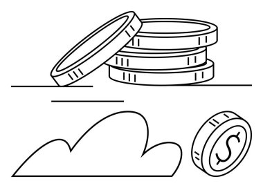 Birikmiş paralar, yüzen bir para ve bulut ana hatları dijital finans, tasarruf, yatırım, iş büyümesi, bulut hizmetleri, fintech servet yönetimi. Soyut çizgi düz metafor