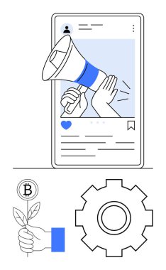 Sosyal medya tanıtımı için megafonlu akıllı telefon ekranı, kripto para birimi büyümesi için Bitcoin fabrikası ve teknolojik süreçler için dişli ikonu. Pazarlama, fintech, teknoloji için ideal