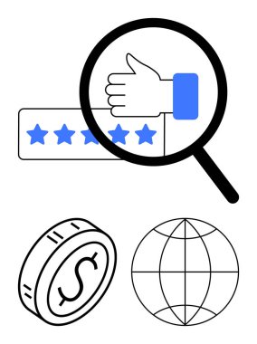 Baş parmaklar için büyüteç, 5 yıldızlı derecelendirme, dolar parası ve dünya sembolü. Kalite değerlendirmesi, küresel ekonomi, müşteri memnuniyeti, iş başarısı, e-ticaret, dijital hizmetler için ideal