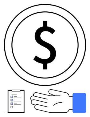 Dolar işareti madeni para, kontrol listesi, uzatılmış el. Finansal yardım, planlama, tasarruf, bütçe, para yardımı için ideal. Satır metaforu