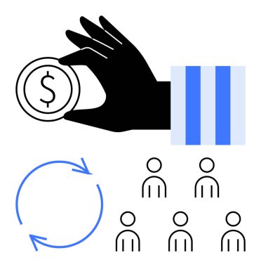 Dolar işareti ile el ele tutuşma, akışı gösteren dairesel oklar, altı kişi simgesi. Finans, toplum, ekonomi, refah dağılımı, takım çalışması, iş döngüleri, kaynak tahsisi için ideal