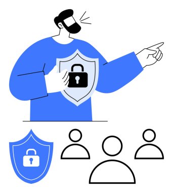 Sakallı adam kilit takılı kalkanı tutuyor, takım simgelerinin ana hatlarına doğru hareket ediyor. Siber güvenlik, takım çalışması, liderlik, veri gizliliği, koruma, işbirliği, soyut düz çizgi için ideal