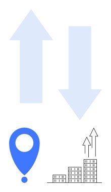 Yukarı ve aşağı doğru büyük oklar, lokasyon iğnesi ve yükselen oklar. Büyüme, navigasyon, karar verme, eğilimler, girişimler, veri analizi, düz çizgi metaforu için ideal