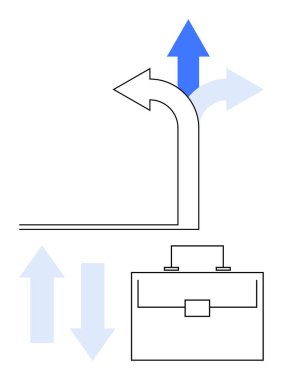 Mavi oklar birden fazla yöne yönelmiş ve aşağıda bir evrak çantası var. Kariyer yolları, seçimler, strateji, büyüme, fırsatlar, kararlar, soyut düz çizgi metaforu için ideal