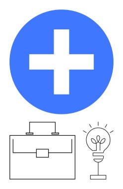 Daire şeklinde mavi haç, evrak çantası ve parlayan ampul sağlık, iş ve yenilik konularını vurguluyor. Fikirler, problem çözme, üretkenlik, işbirliği ve soyut çizgi için ideal