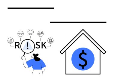 İnsan risk unsurlarını büyüteç, faktör simgeleri ve dolar işaretli ev yoluyla inceler. Yatırım, sigorta, emlak, risk yönetimi, finans, mortgage ekonomisi için ideal