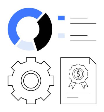 Dairesel çizelge segmentli bölümler, teçhizat temsil eden işlemler, ve bir dolar işaretli sertifikalı belge. Veri analizi, finans, iş akışı, sertifika, belgeler, araştırma için ideal