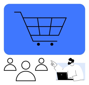 Alışveriş arabasının mavi çerçeveli sembolü, üç figürlü bir grup, profesyoneli işaret ediyor. İş, e-ticaret, takım çalışması, online alışveriş, sunumlar, strateji soyut metaforu için ideal