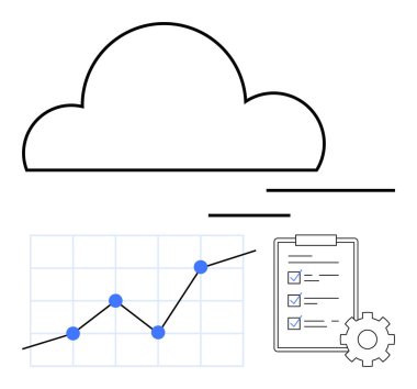 Artan analitik grafik, kontrol listesi ve vites ögesine sahip bulut simgesi. Bulut hesaplama, iş analizi, üretkenlik araçları, görev yönetimi, dijital planlama, bilişim sistemleri verimliliği için ideal