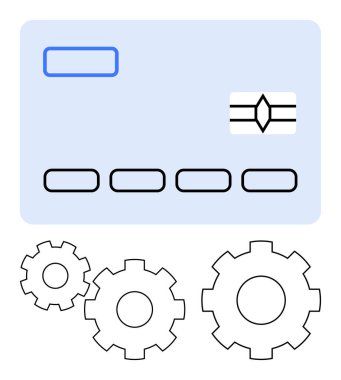 Birbirine bağlı viteslerin üzerinde çip ve boş alanlar olan kredi kartı. Finansal teknoloji, çevrimiçi ödemeler, bankacılık sistemleri, siber güvenlik, otomasyon, işlem altyapısı için ideal