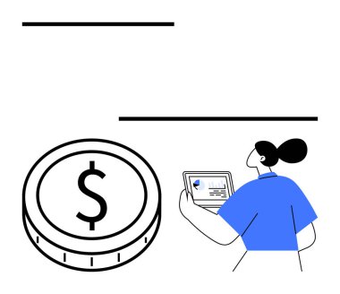 Mavili kadın dizüstü bilgisayar kullanarak grafikler ve grafikler çiziyor. Yanında da dolar işareti olan büyük bir sikke simgesi var. Finans, yatırım, iş, analitik, ekonomi, para yönetimi, soyut çizgi için ideal