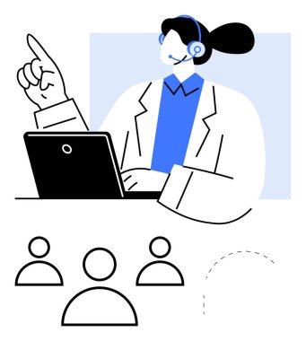 Beyaz önlüklü ve kulaklıklı profesyonel ajan dizüstü bilgisayarla birden fazla iş yapıyor. Aşağıdaki üç kullanıcı simgesi bağlı istemcileri simgeler. İletişim için ideal, takım çalışması, teknik destek, sanal toplantılar, iş