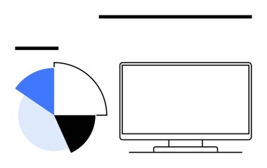Bilgisayar, mavi, siyah, beyaz ve açık mavi pasta grafiğinin yanında. Veri analizi, iş raporları, teknoloji tartışmaları, eğitim içeriği, istatistiksel sunumlar için ideal