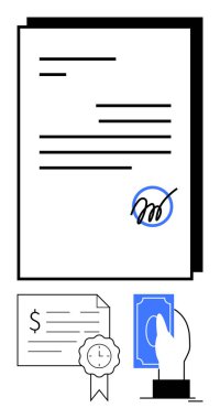 İmzalı mektup, mühürlü sertifika ve el ele tutuşan para. İş anlaşmaları, sözleşmeler, sertifikalar, parasal işlemler, yasal belgeler, mali anlaşmalar için ideal