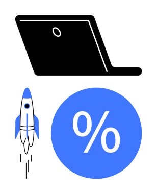 Dizüstü bilgisayar, mavi roket fırlatma ve mavi dairedeki yüzde işareti dijital ilerlemeyi, finansal büyümeyi, girişimleri, e-ticareti, yeniliği gösteriyor. Teknoloji ve iş finansmanı için ideal