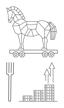 Çok yönlü Truva atı, yükselen ok ve tek çatallı çubuk grafiği. Strateji, yenilik, büyüme, iş planlaması, aldatma, gıda endüstrisi veya soyut düz çizgi metaforu için ideal