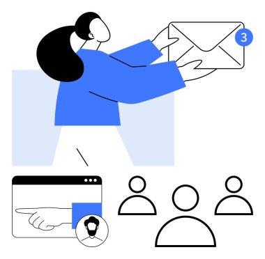Bildirim rozetli bir kadın, etkileşimli bir web tarayıcısı ve takım çalışmasını sembolize eden kullanıcı simgeleri. E- posta, iletişim, işbirliği, bildirimler, dijital için ideal