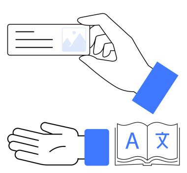Ellerinde bir kart, açık bir avuç içi ve çeviri sembolleri olan açık bir kitap var. Öğrenim, eğitim, iletişim, dil, okuma ve bilgi alışverişi temaları için idealdir. Satır metaforu