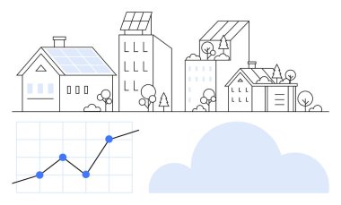 Yerli ve ticari güneş paneli binalar, ağaçlar, bulut ve büyüme eğilimi grafiği. Sürdürülebilirlik için ideal, yenilenebilir enerji, eko-yaşam, akıllı şehirler, büyüme analizi yeşil teknoloji