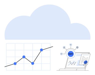 Büyük bulut silueti, veri noktalarıyla yükselen grafik, DEFI analizlerini gösteren dizüstü bilgisayar. Fintech, ekonomi, veri eğilimleri, engelleme zinciri, bulut hesaplaması, soyut çizgi üzerindeki yatırımlar için ideal