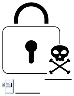 Asma kilit güvenlik, kafatası ve çapraz kemikler siber tehditleri simgeler. Şifre girişi kimlik doğrulama anlamına gelir. Veri koruması, hackleme farkındalığı, çevrimiçi güvenlik, mahremiyet, siber suç için ideal