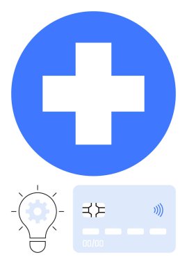 Mavi tıbbi haç, içinde teçhizat olan bir ampul ve modern sağlık teknisyeni için temassız bir ödeme kartı. Sağlık hizmetleri, fintech, yenilik, teknoloji, ödemeler, tıbbi hizmetler için ideal