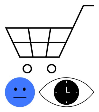 Mavi tarafsız bir yüzün üstünde alışveriş arabası ve zaman yönetimini temsil eden saati olan bir göz. E-ticaret, alışveriş davranışı, karar verme süreci, ekonomi, dijital trendler, zaman tasarrufu, soyut