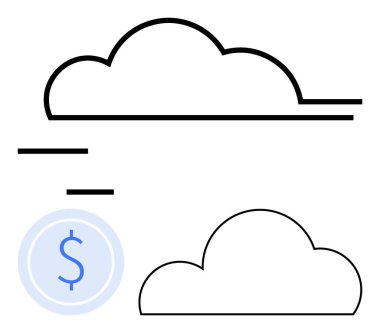 Siyah çizgili bulut şekilleri, daire içinde mavi dolar işareti ve yatay çizgiler. Finansal teknoloji, bulut hesaplama, dijital ekonomi, İnternet hizmetleri, veri depolama, çevrimiçi için ideal