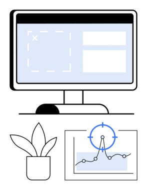 Arayüz elementli bilgisayar ekranı, analiz işaretleyicileri ve bir bitki içeren bir grafik. Veri analizi, ofis çalışması, üretkenlik, analitik araçlar, strateji planlaması, araştırma için ideal