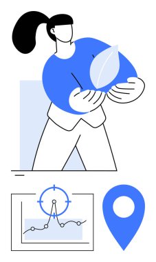 Yaprak tutan kadın eko-bilinci sembolize ediyor, hedef analizi çizelgesi, yön bulma pimi. Sürdürülebilirlik, yenilik, hedefler, analitik, planlama, takım çalışması için ideal