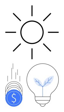 Güneş ikonu, içinde filizlenen bir bitkinin bulunduğu ampulün yanına düşen mavi dolar sembollü paraların üzerinde parlıyor. Yenilenebilir enerji, tasarruf, yenilik, çevre dostu fikirler için ideal