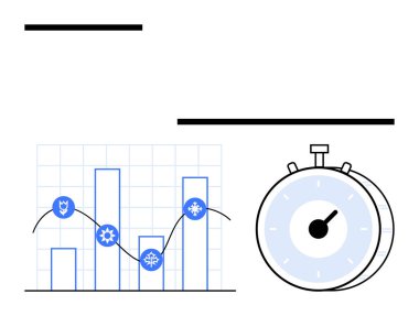Izgaralı bar tablosu, trend çizgisi boyunca mevsimsel semboller, kronometre zaman izlemesini ön plana çıkarıyor. Analiz, performans yönetimi, mevsimlik, zaman verimliliği, ölçüler, üretkenlik soyut