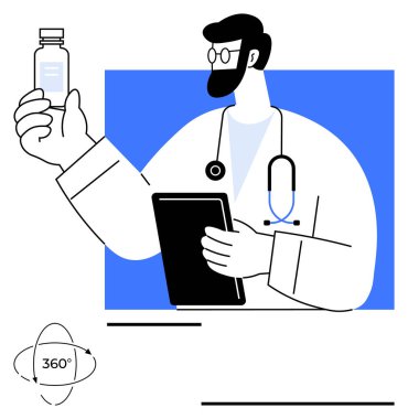 Doktor aşı şişesi tutuyor, tablet kullanıyor, steteskop boynunda, çok az düz stil. Sağlık, aşı, teletıp, tanı, araştırma tıbbı soyut metaforu için ideal