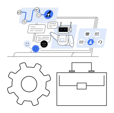 Yapay zeka sohbet robotu dizüstü bilgisayarın üstünde kullanıcı geribildirim simgeleri, iş akışı elemanları, vites ve evrak çantası ile etkileşim halindedir. Müşteri desteği, yapay zeka araçları, otomasyon, iş çözümleri, iş verimliliği teknolojisi için ideal